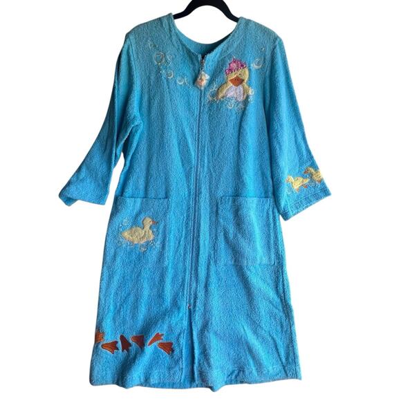 Quacker Factory Zip-Front Bright Blue Chenille Robe Rubber Duckies Size XS - Picture 16 of 16